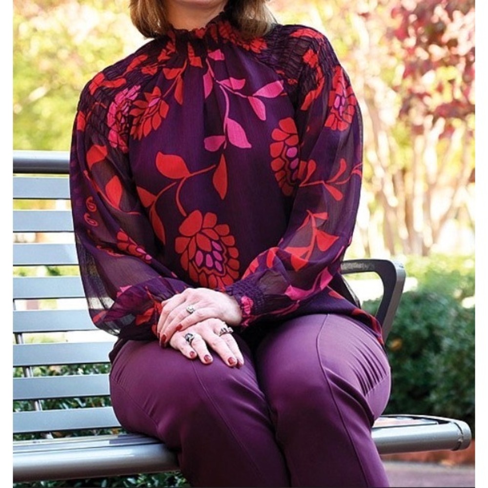 Ann Taylor Plum Red Floral Smocked Mock Neck Blouse Sheer Long‎ Sleeve NWT S